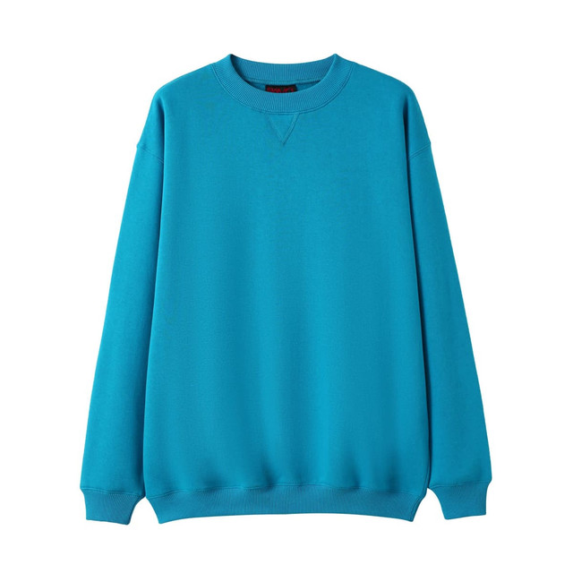 A turquoise adult poly cotton fleece jumper with a round neck and long sleeves. It has a branding logo.