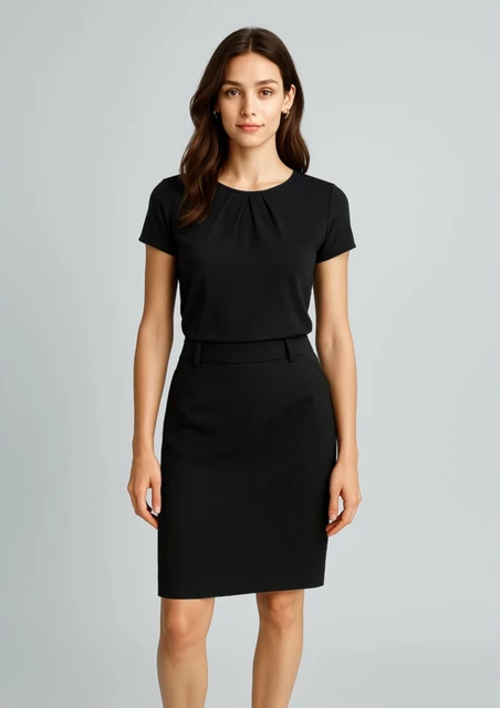 A black women's multi-pleat skirt, styled with a matching black top, featuring soft fabric and a sleek design.