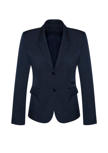 A dark navy women's mid-length jacket featuring a two-button front, notch lapels, and a fitted silhouette.