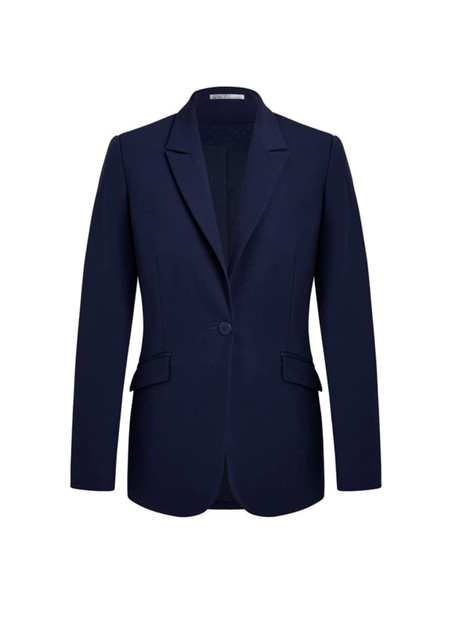 A navy longline blazer jacket with a single button closure and two front pockets. It features a lapel collar and a tailored fit.
