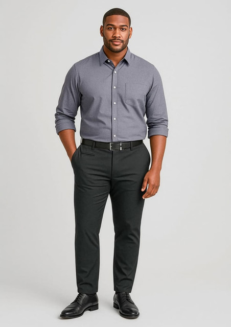 A man stands wearing a grey shirt and black stretch chino pants, complemented by a black belt and shoes.