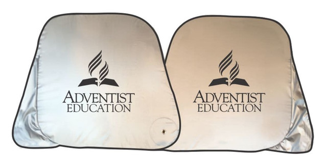 A silver sunshade with a black trim and logo, featuring a stylised book and flame design.