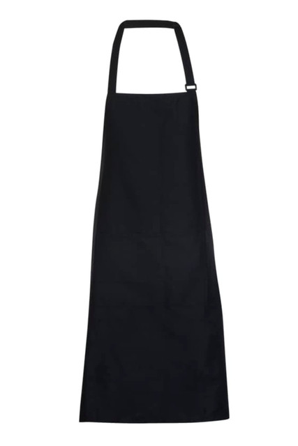 A black full-bib apron made of 190 gsm poly/cotton, featuring a neck strap and adjustable buckle.