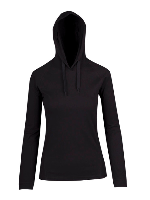 A black women's fusion T-shirt hoodie featuring a hood and long sleeves, with a logo on the front.