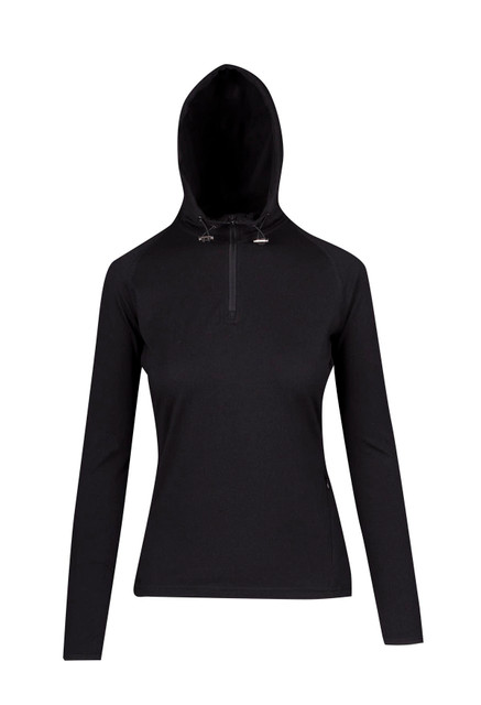 A women's black half-hood top with long sleeves and a zippered collar. Features a hood and has branding.