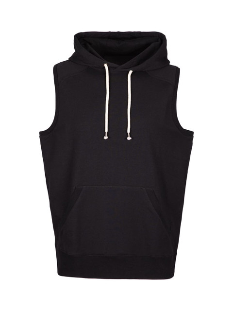 A sleeveless black hoodie featuring a front pouch pocket and a hood. It has a subtle branded logo.