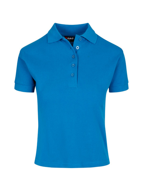 A blue women's cotton polo shirt with a collar and buttons, featuring a logo.