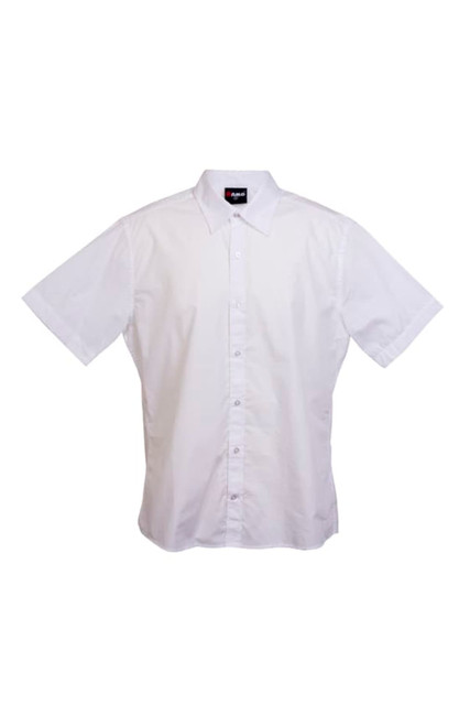 A white short sleeve button-up shirt with a collar and a logo on the label.