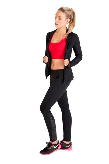 Full-length black nylon/spandex leggings paired with a red crop top and black zip-up jacket, featuring a logo.