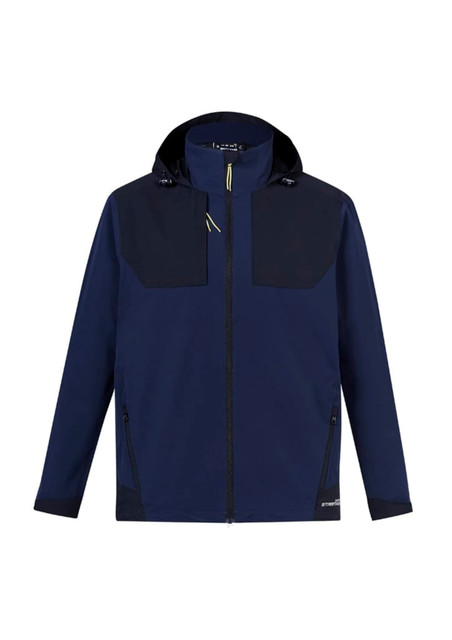 A unisex navy waterproof jacket featuring a hood, zip pockets, and a logo on the front.
