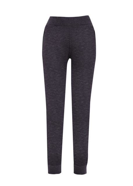 Dark grey brushed fleece track pants with a fitted design and pockets. Features a subtle logo.