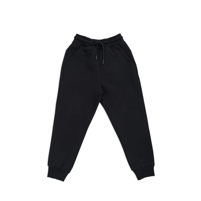 Black three-layer cotton track pants with an elastic waistband and pockets. Features a logo on the waistband.
