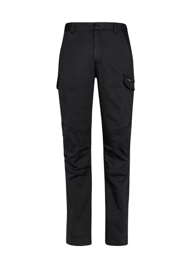 A pair of black work pants featuring cargo pockets and a branded logo.