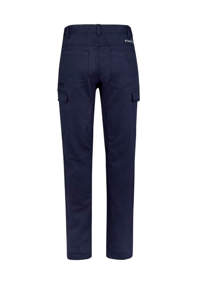 Navy work pants featuring a back view, with cargo pockets and an elastic waistband. Includes a logo on the rear.