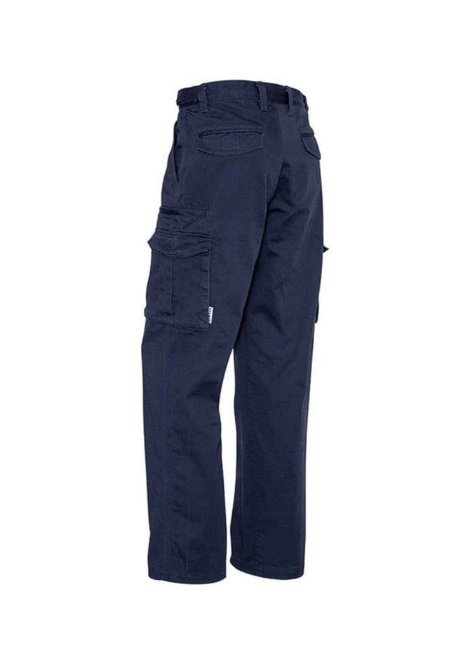 Men's basic cargo pant in navy, featuring multiple pockets and a sturdy design. Includes branding on the fabric.