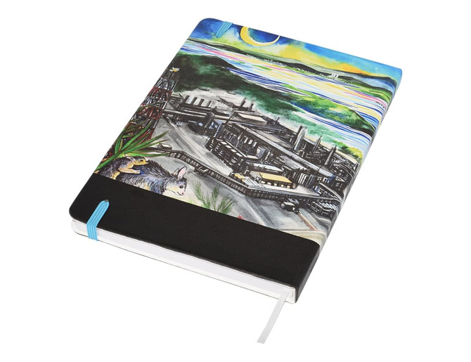 A5 notebook featuring a vibrant, multi-colour cover design, with a black band and blue ribbon marker. Includes a logo.