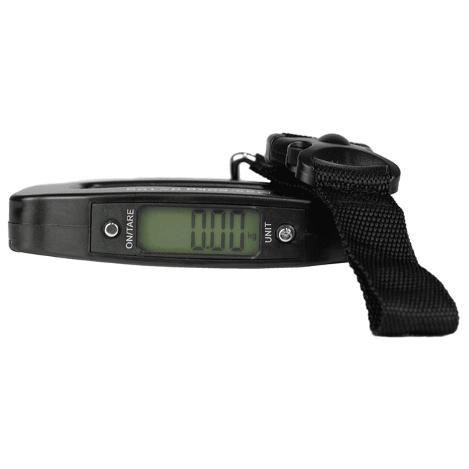 A black digital luggage scale with a strap and an LCD display showing weight measurement.