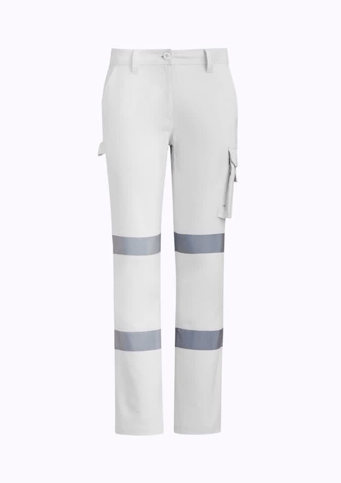 A pair of women's light grey work pants with grey reflective tape and cargo pockets. Features a logo on the waistband.