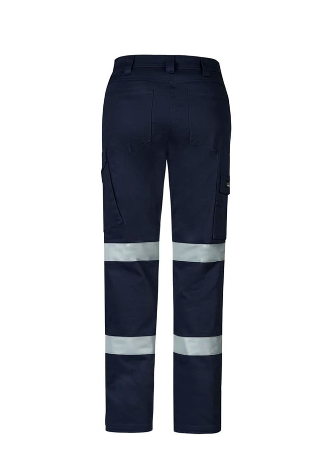 A pair of women's navy cargo pants with reflective stripes and multiple pockets, featuring a logo.