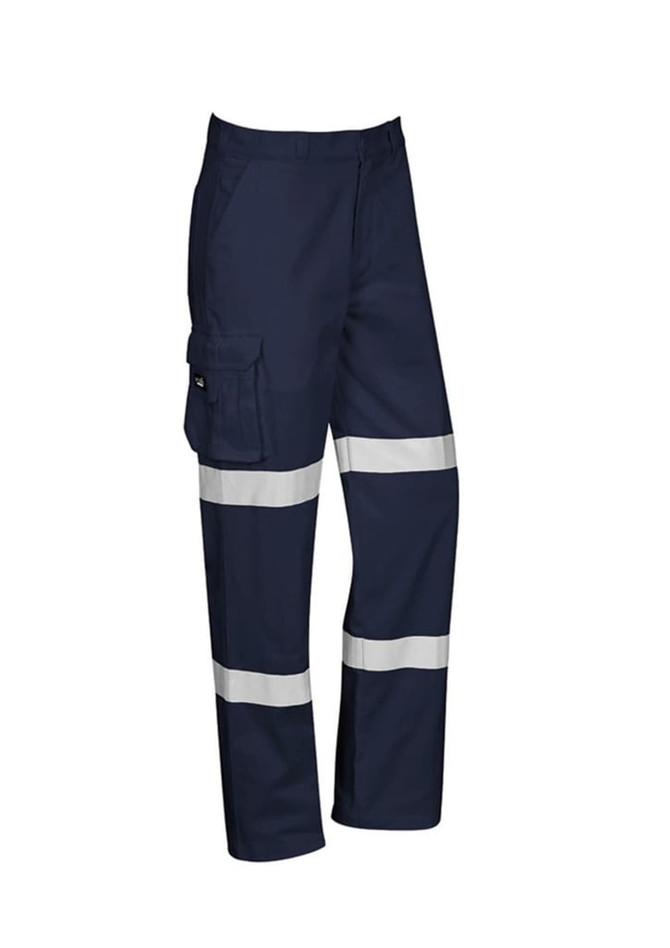 Navy blue work pants featuring reflective stripes and a cargo pocket, designed for durability and visibility.