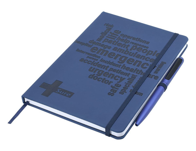A navy blue A5 notebook with a debossed design and a matching pen, featuring an elastic band closure.