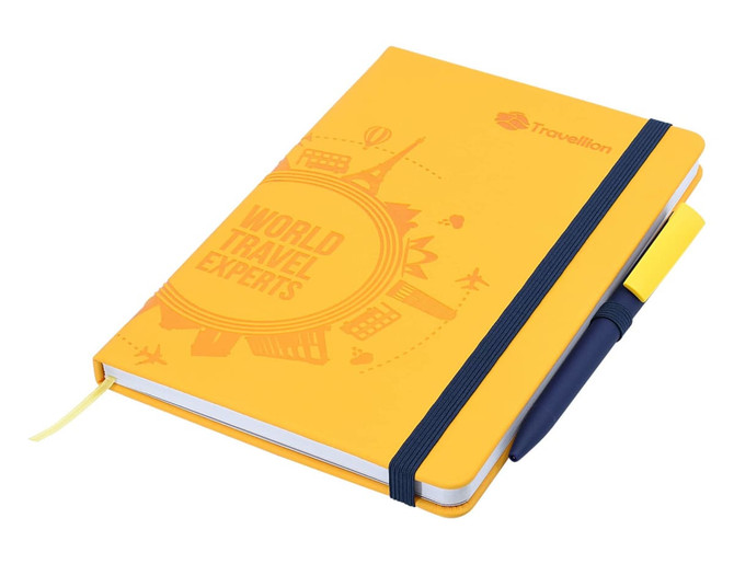 A yellow A5 notebook with a debossed design, featuring an elastic closure and a pen attached.