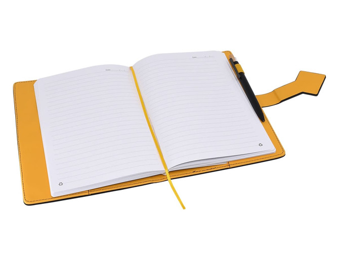 A yellow A5 portfolio featuring blank lined pages, a pen, and a bookmark tab. It has a sleek design.