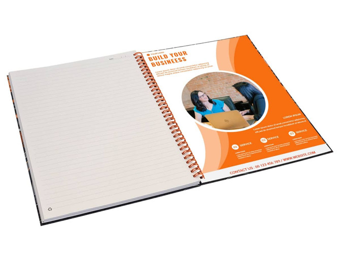 A side-bound A4 notebook with orange and white graphics, featuring blank pages and a branding logo.