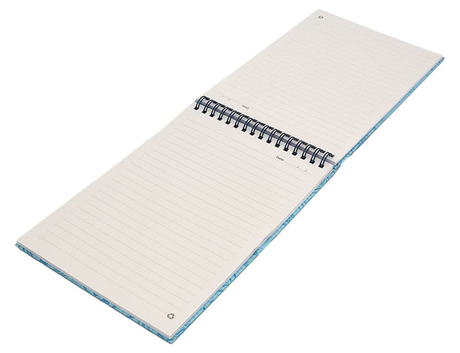 An A5 top-bound notebook with spiral binding, featuring lined pages and a blue cover design.