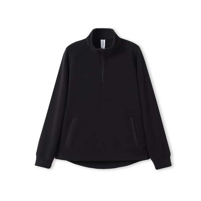A black women's polar fleece half zip top featuring a collar and side pockets, with a branding logo.