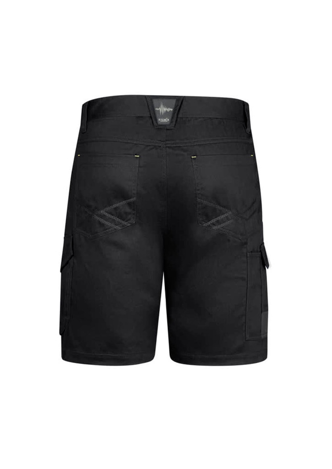 Black men's summer cargo shorts featuring side pockets and a logo on the waistband.