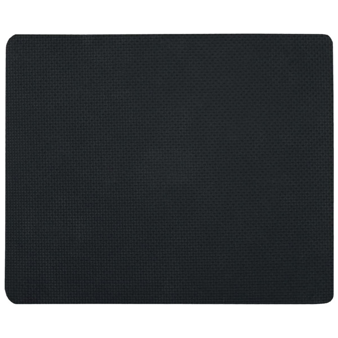 A black mouse pad with a textured surface, featuring a simple, sleek design. It has a logo in one corner.
