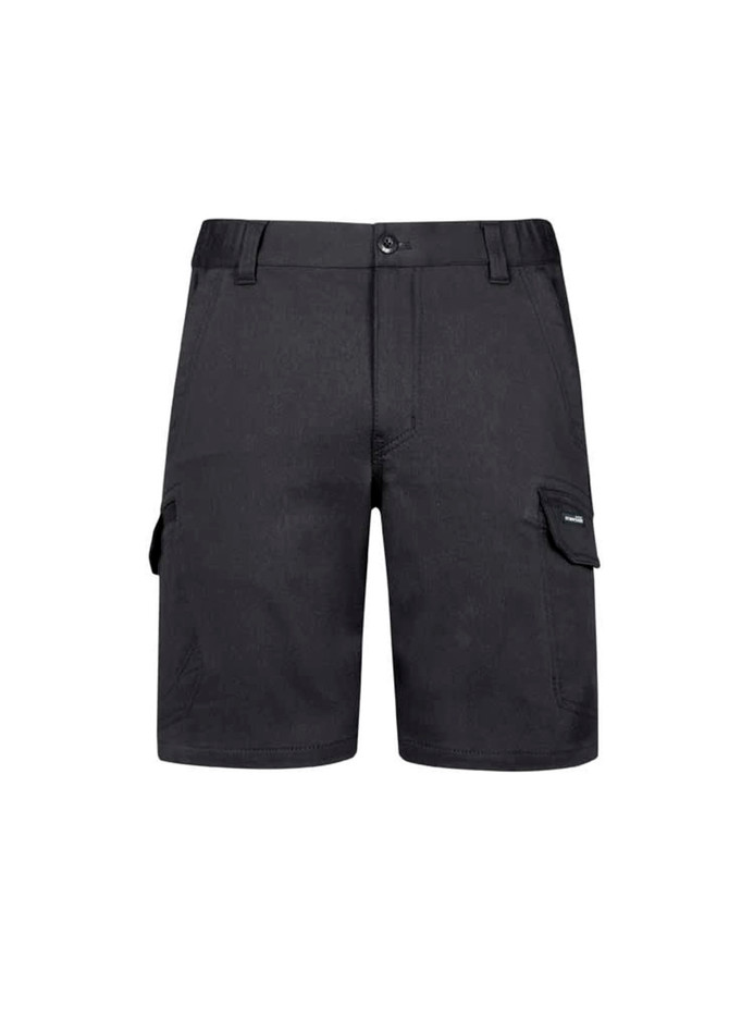 A pair of black work shorts with side pockets and a logo on the side. Suitable for workwear.