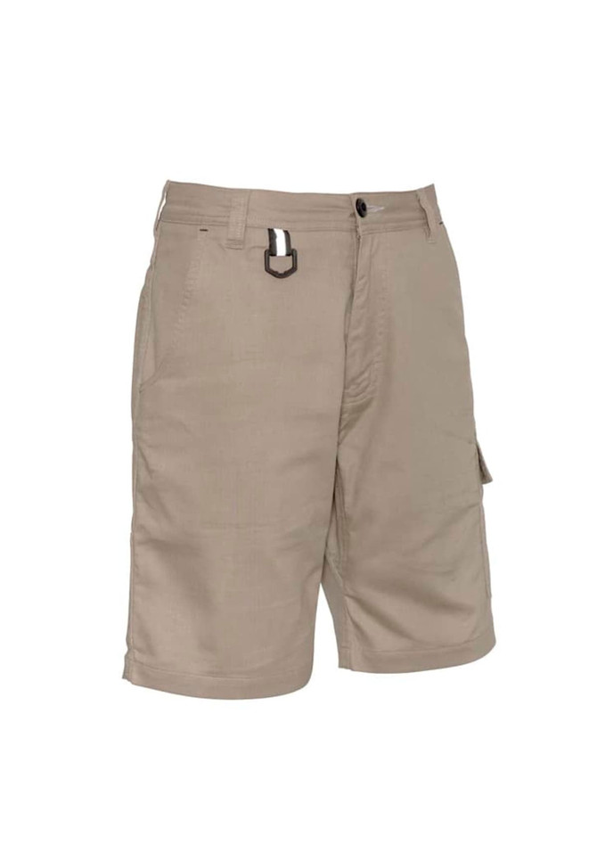 Men's rugged cooling vented shorts in a light khaki colour, featuring a belt loop and a side pocket, with branding visible.