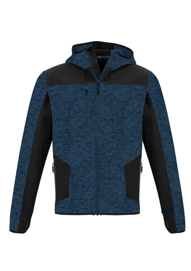 A unisex hoodie in navy blue with black accents, featuring a hood and zippered pockets. It has a logo on it.