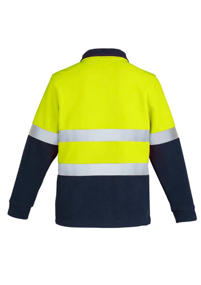 A unisex hi-vis polar fleece pullover in fluorescent yellow and navy, featuring hoop tape reflective stripes on the back.