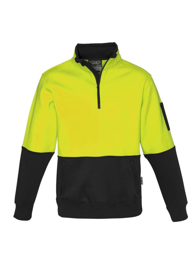 A unisex half-zip pullover in hi-vis yellow and black, featuring a logo on the sleeve.