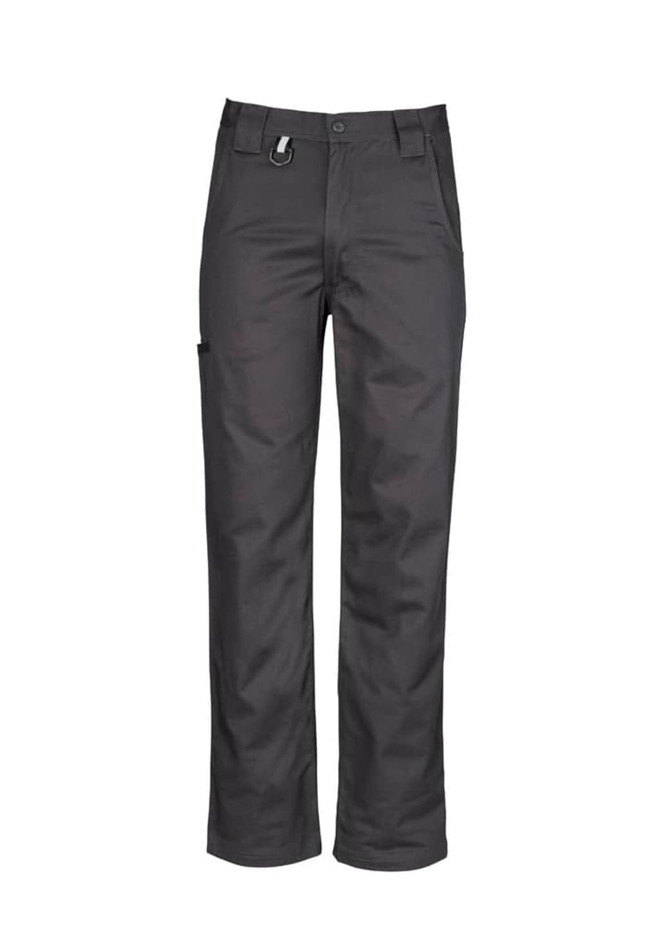 A pair of men's plain black utility pants with multiple pockets and a secure fastening.