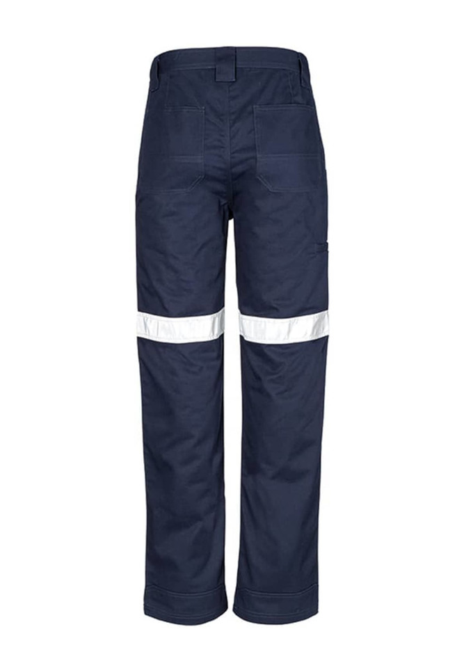 Navy utility pants with reflective tape accents, featuring multiple pockets and a back view. Equipped with a logo.