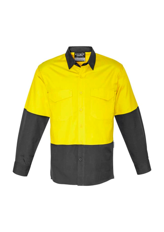A long sleeve work shirt in hi-vis yellow and black, featuring two front pockets and a logo.