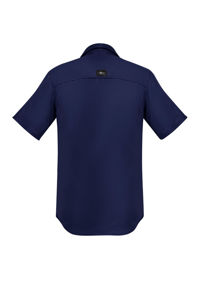 A navy blue men's outdoor short sleeve shirt with a button-up design and a logo on the back.