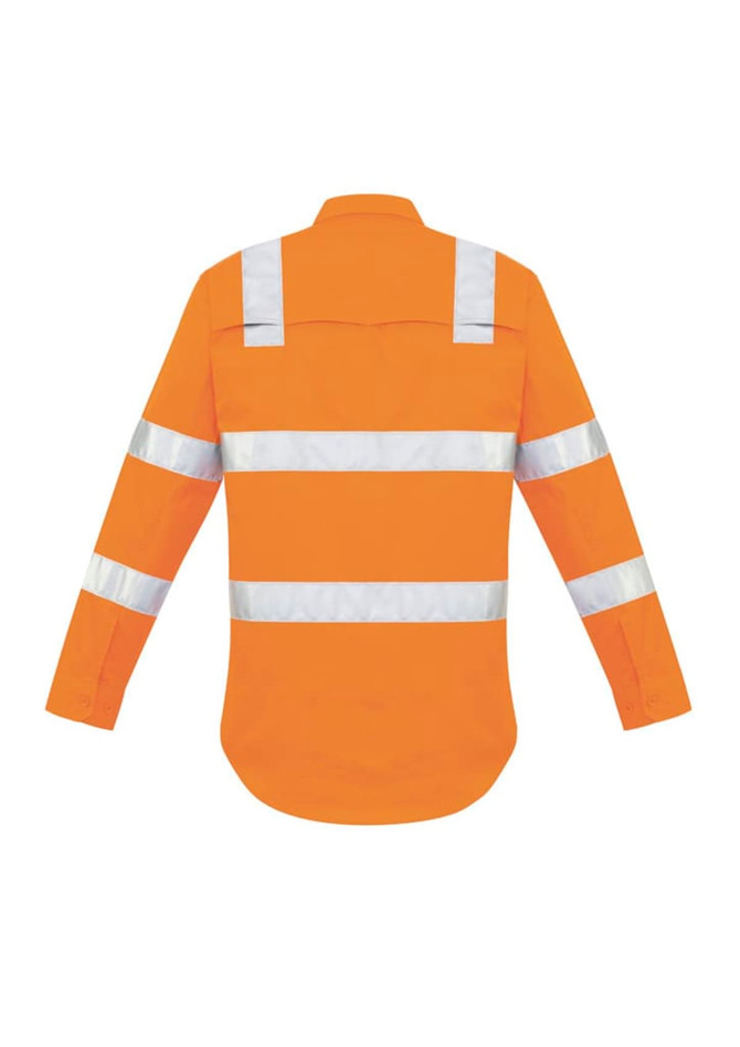 An orange long sleeve work shirt with reflective stripes across the back and arms, featuring a branding logo.