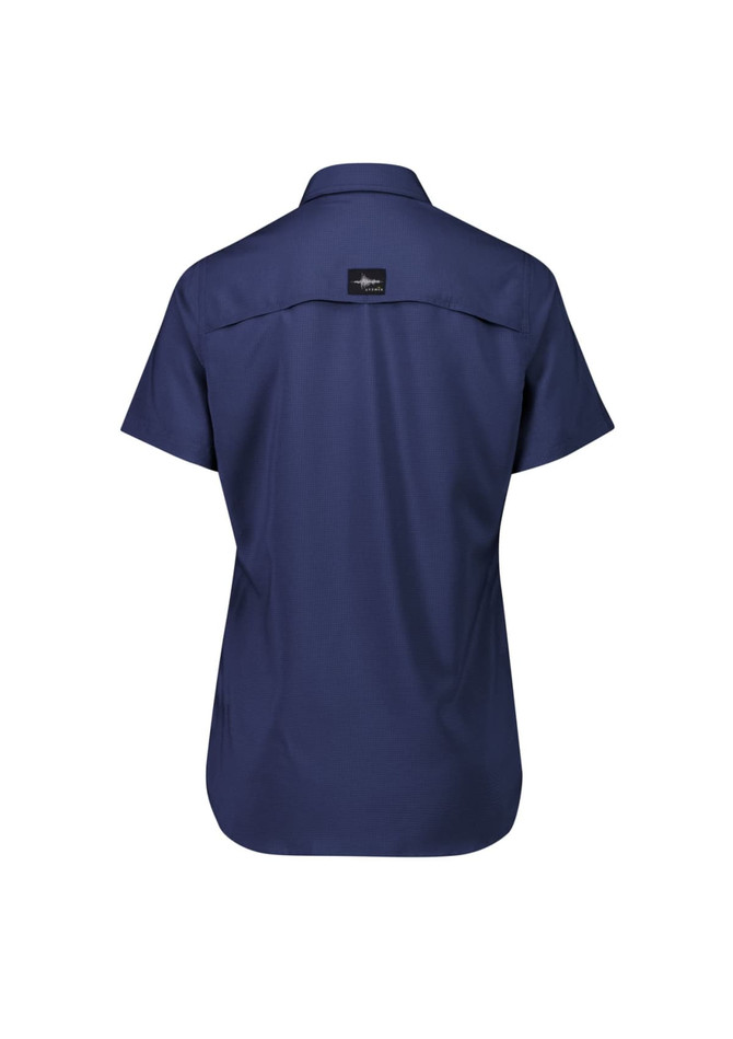 A women's outdoor short sleeve shirt in navy blue with a collar and a logo on the back.