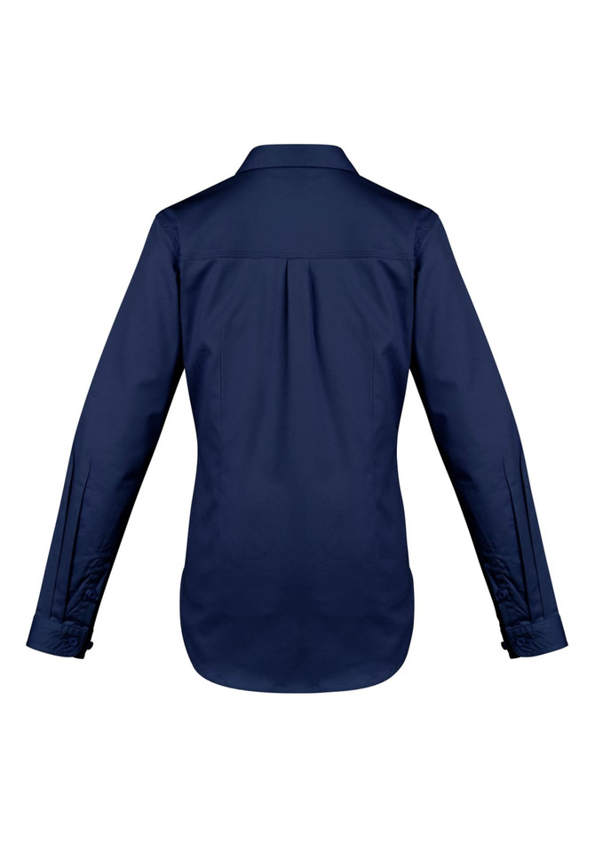 A women's long sleeve shirt in navy blue, featuring a structured design and a back pleat. It has brand logos.