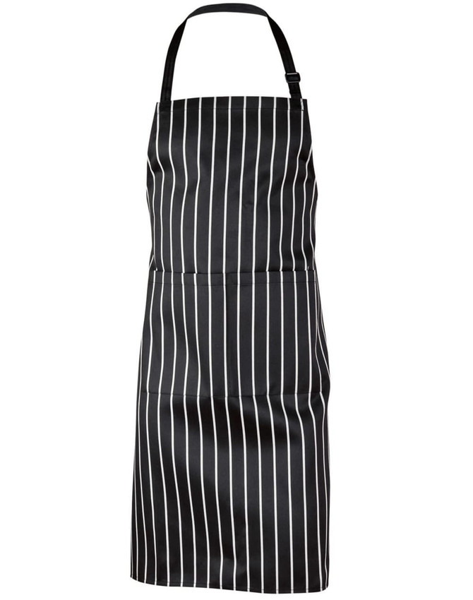 A black and white striped butcher's apron with a neck strap, featuring a logo.