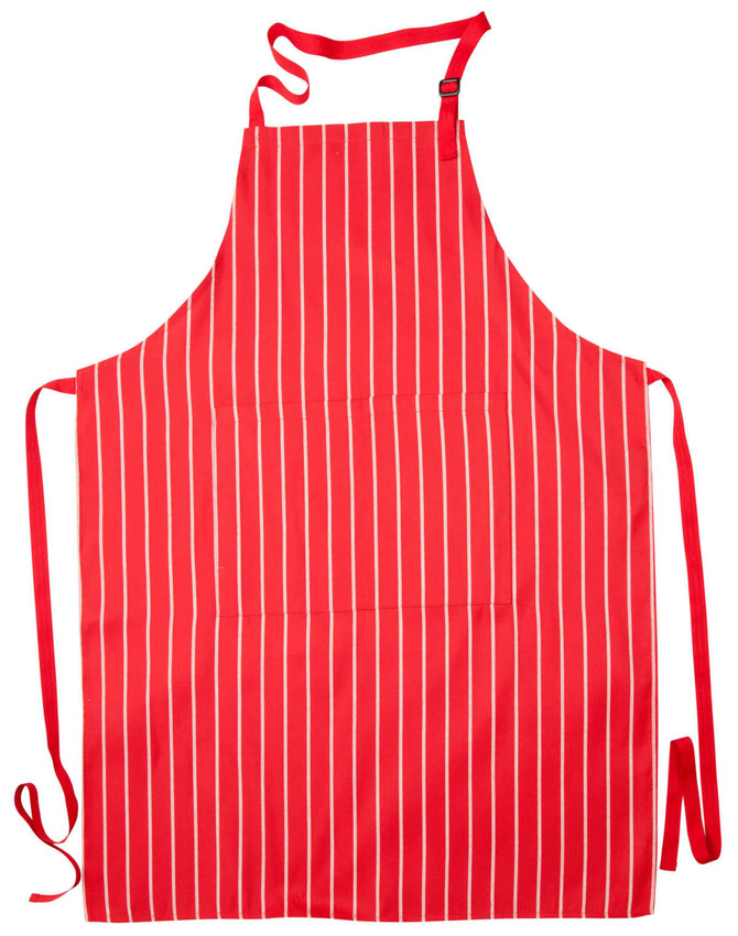 A red and white striped butcher's apron with ties and pockets. It features a logo on the fabric.