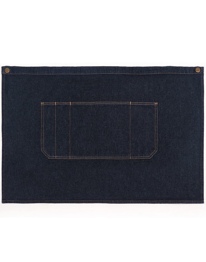 A denim half apron in dark blue, featuring a front pocket and two brass buttons.