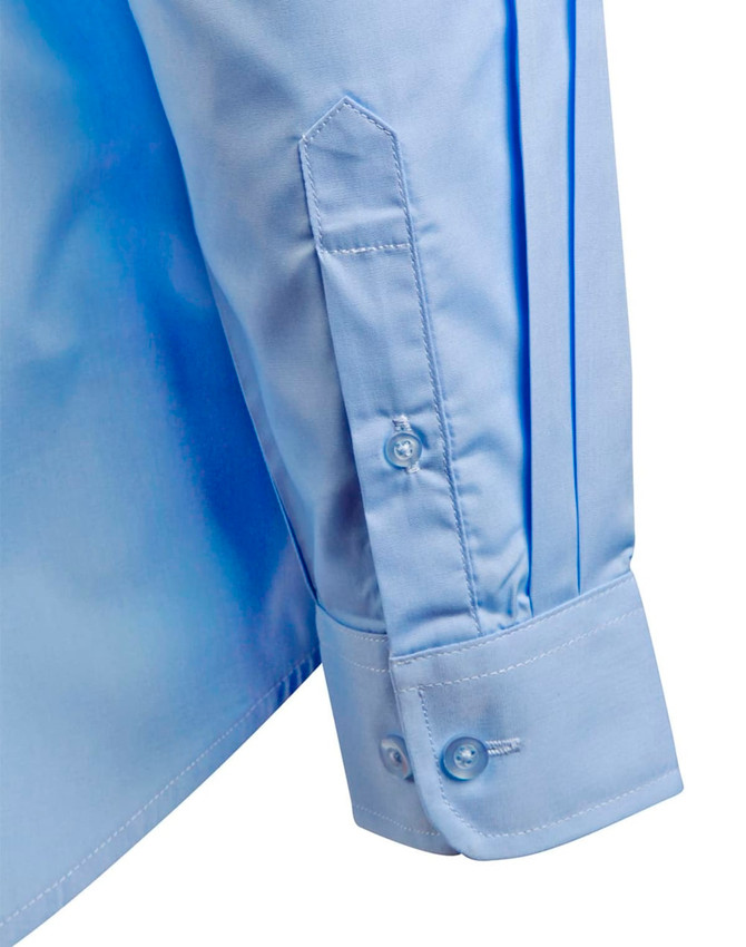 A light blue button-up shirt featuring epaulettes, with a structured sleeve and buttoned cuff. It has a logo.
