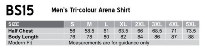 A chart displaying size measurements for the Men's Tri-Colour Arena Shirt in various sizes, featuring a contrast design.