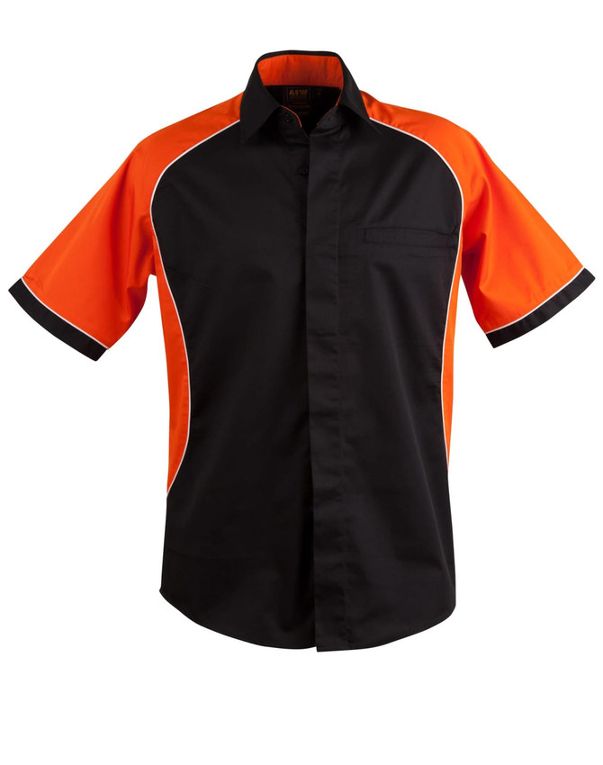 Men's short-sleeve button-up shirt in black with orange tri-colour contrast and a pocket on the front. Features a logo.